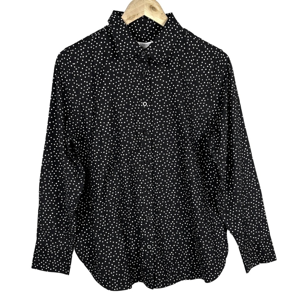 NWT Chicos‎ Long Sleeve Button Up Shirt Sz 1 = US 8 Black Breathable Polka dot